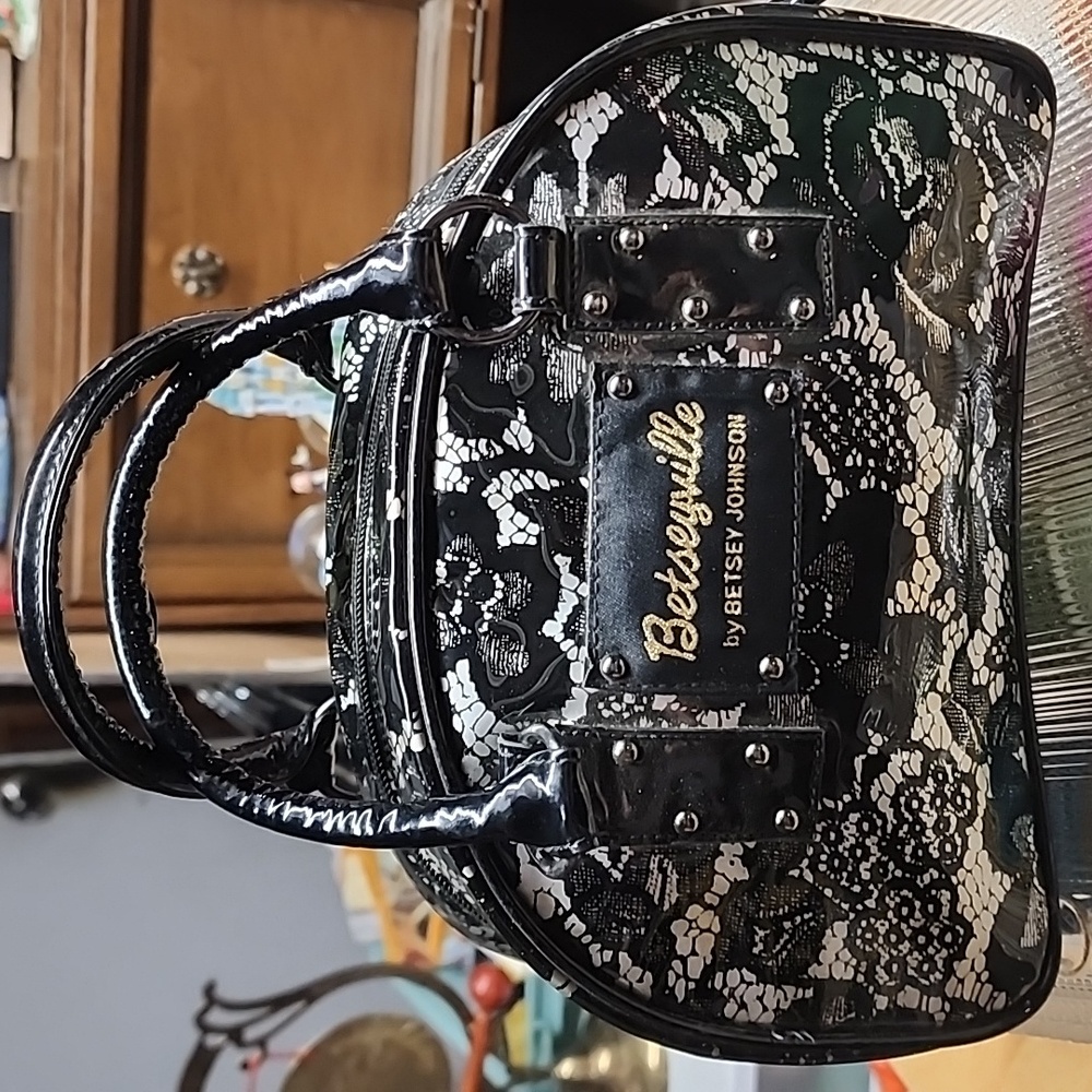 Betsey Johnson Black and White Floral Cosmetic Bag
